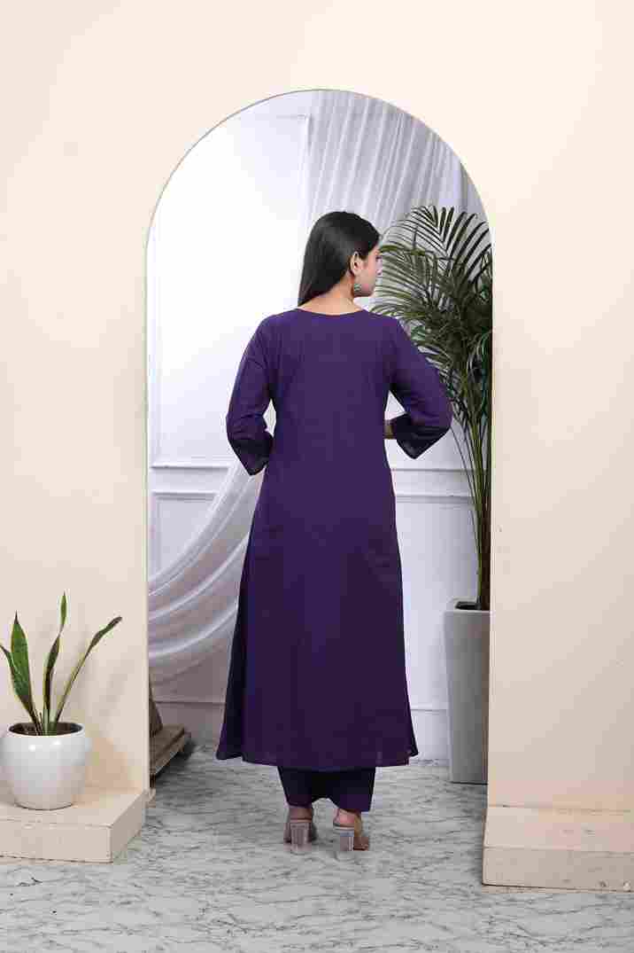 Purple Embroidered Cotton Kurta with Palazzo & Dupatta Set